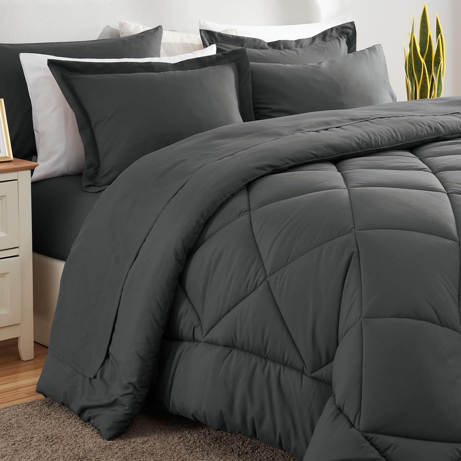 CozyLux Queen Comforter Set Dark Grey - Bed in a Bag Queen Size 7 Pieces, Luxury Soft Bed Set for All Seasons, Bedding Set with Comforter, Sheets, Pillowcases & Shams, Dark Gray, Queen - Image 9