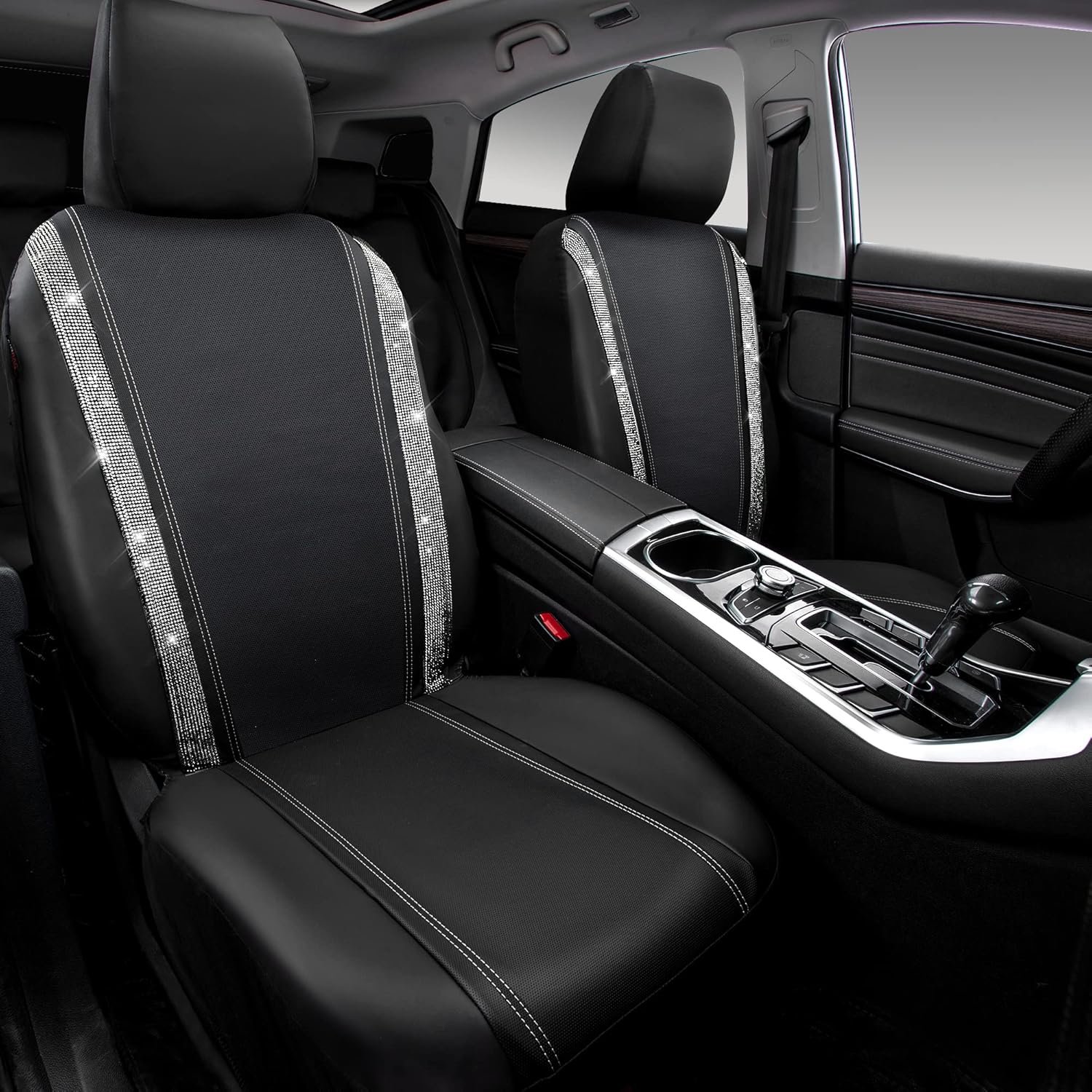 CAR PASS Leather Bling Diamond Car Seat Cover 2 Front Interior Sets, Waterproof Universal Shining Glitter Crystal Sparkle Fit for 95% Automotive Truck SUV Cute Women Girl, Black Silver Rhinestone - Image 8
