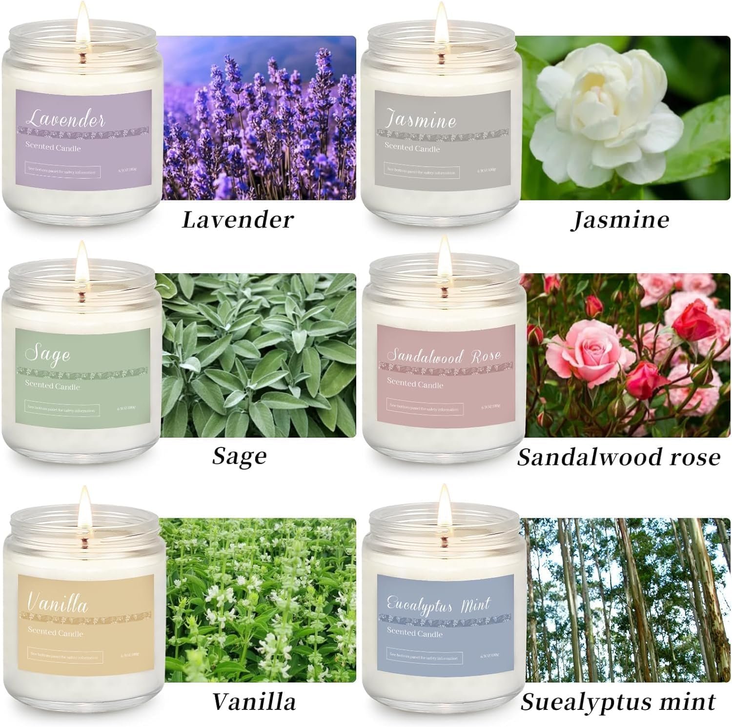 6 Pack Scented Candles Gift Set, Long Lasting Aromatherapy Candles for Home, 37.8 oz 300 Hour Burn, Lavender Jasmine Vanilla Sage Sandalwood Rose Eucalyptus Mint, Gifts for Women - Image 5