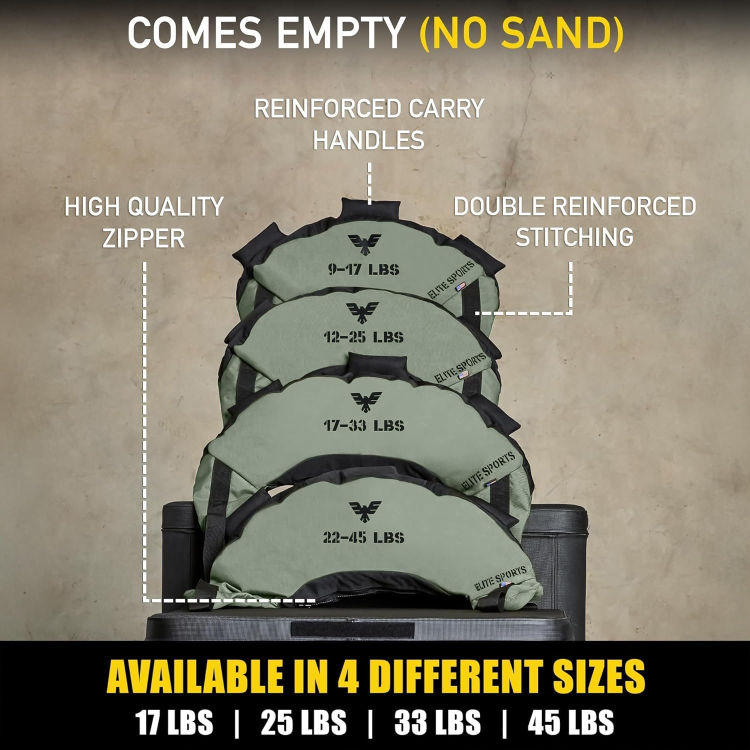 Elite Sports Bulgarian Canvas Bag, Fitness Canvas MMA Gym Cross Workout Training Sandbag 17, 25, 33, 45 lbs (UNFILLED) - Image 3