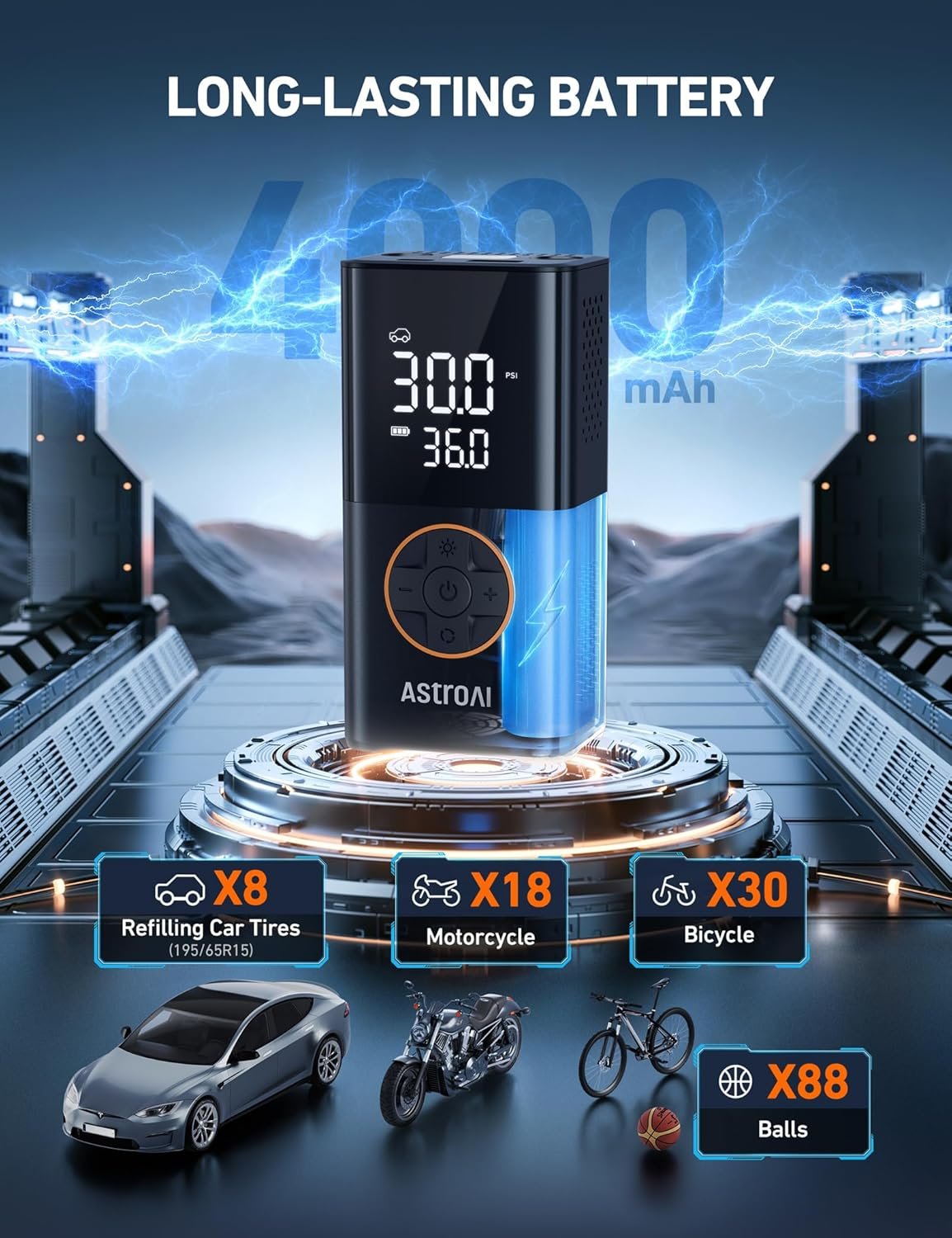 AstroAI L7 Tire Inflator Portable Air Compressor Cordless Mini Bike Pump with Digital Dual Values Display, 150 PSI Car Tires Air Pump with LED Lights&Pressure Gauge for Auto, Motorcycles, Bikes, Balls - Image 4