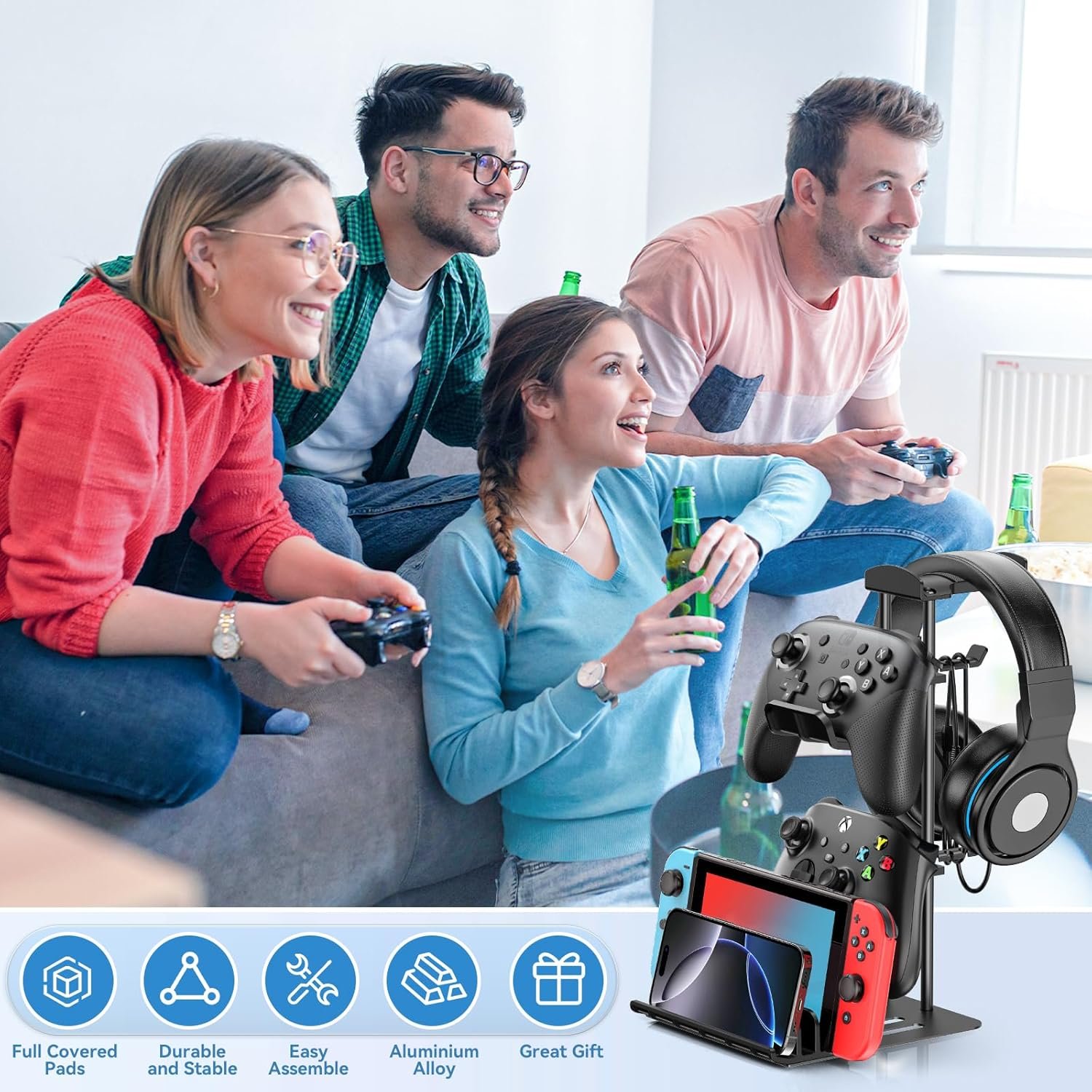 KDD Headphone Stand, Controller Holder & Headset Holder for Desk, Earphone Stand with Aluminum Supporting Bar, Universal Storage Organizer Headphones/Controller/Switch/Mobile Phone - Image 6