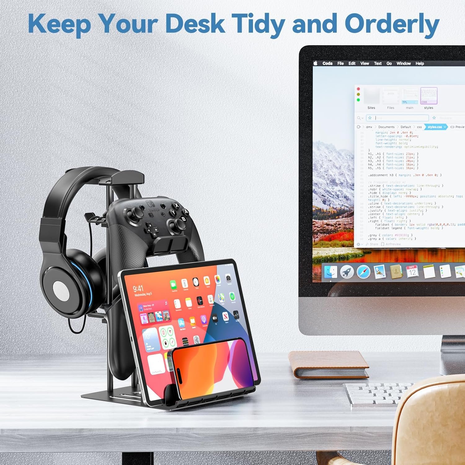 KDD Headphone Stand, Controller Holder & Headset Holder for Desk, Earphone Stand with Aluminum Supporting Bar, Universal Storage Organizer Headphones/Controller/Switch/Mobile Phone - Image 4