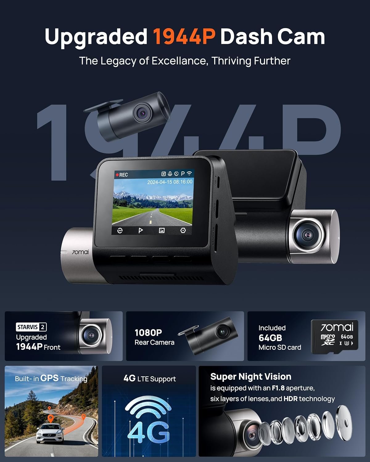 70mai Dash Cam Front and Rear A510,1944P+1080P with STARVIS 2 IMX675 and 64GB Card, Dash Camera for Cars, 4G LTE Support, ADAS, Built-in GPS WiFi, APP Control, HDR, 24H Parking Mode, Loop Recording - Image 3