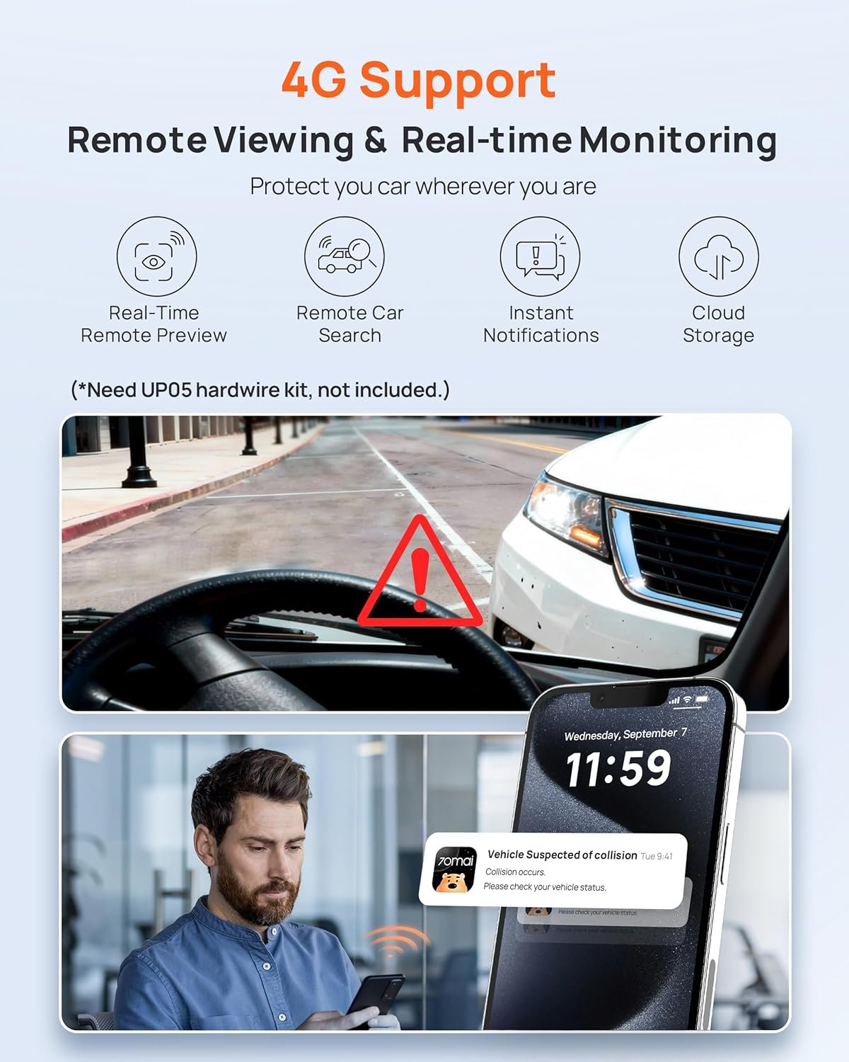 70mai Dash Cam Front and Rear A510,1944P+1080P with STARVIS 2 IMX675 and 64GB Card, Dash Camera for Cars, 4G LTE Support, ADAS, Built-in GPS WiFi, APP Control, HDR, 24H Parking Mode, Loop Recording - Image 4