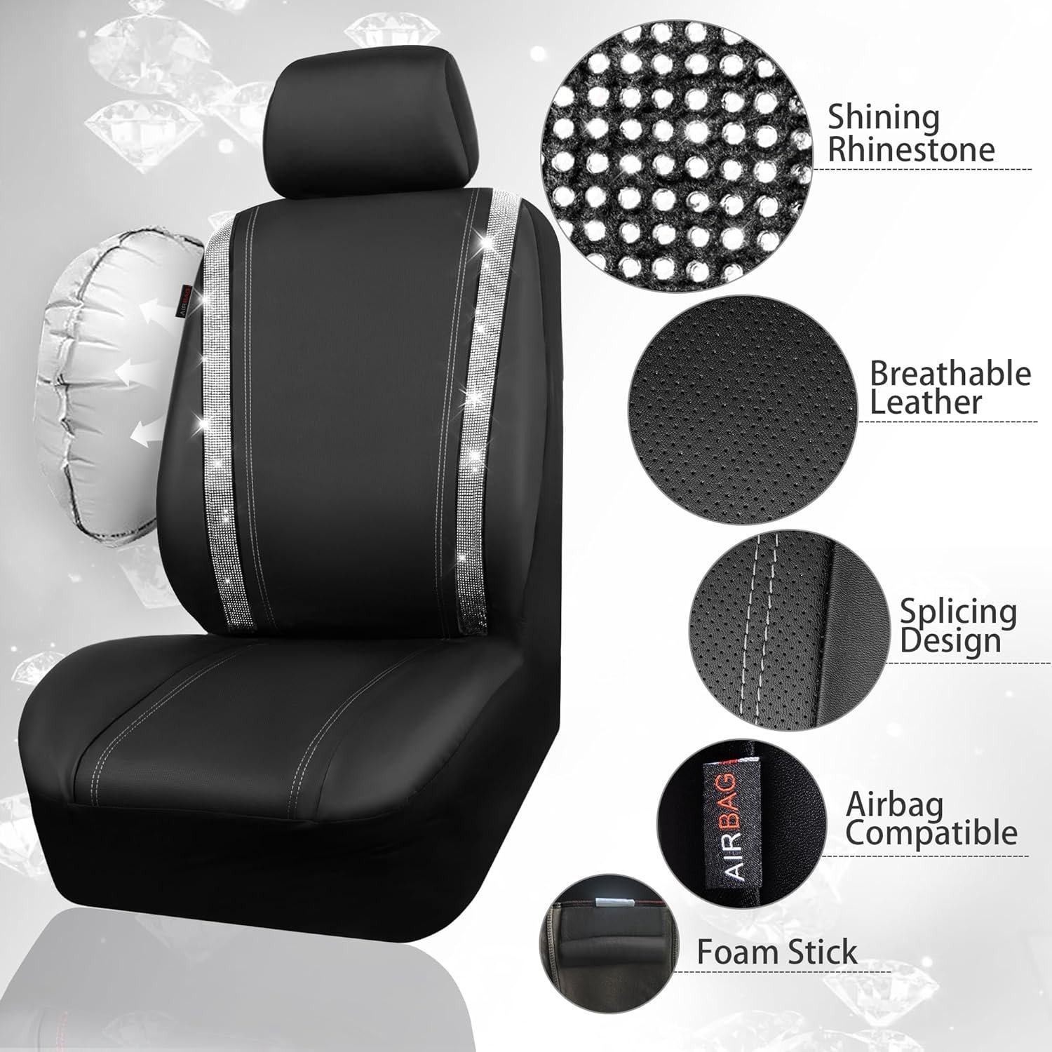 CAR PASS Leather Bling Diamond Car Seat Cover 2 Front Interior Sets, Waterproof Universal Shining Glitter Crystal Sparkle Fit for 95% Automotive Truck SUV Cute Women Girl, Black Silver Rhinestone - Image 4