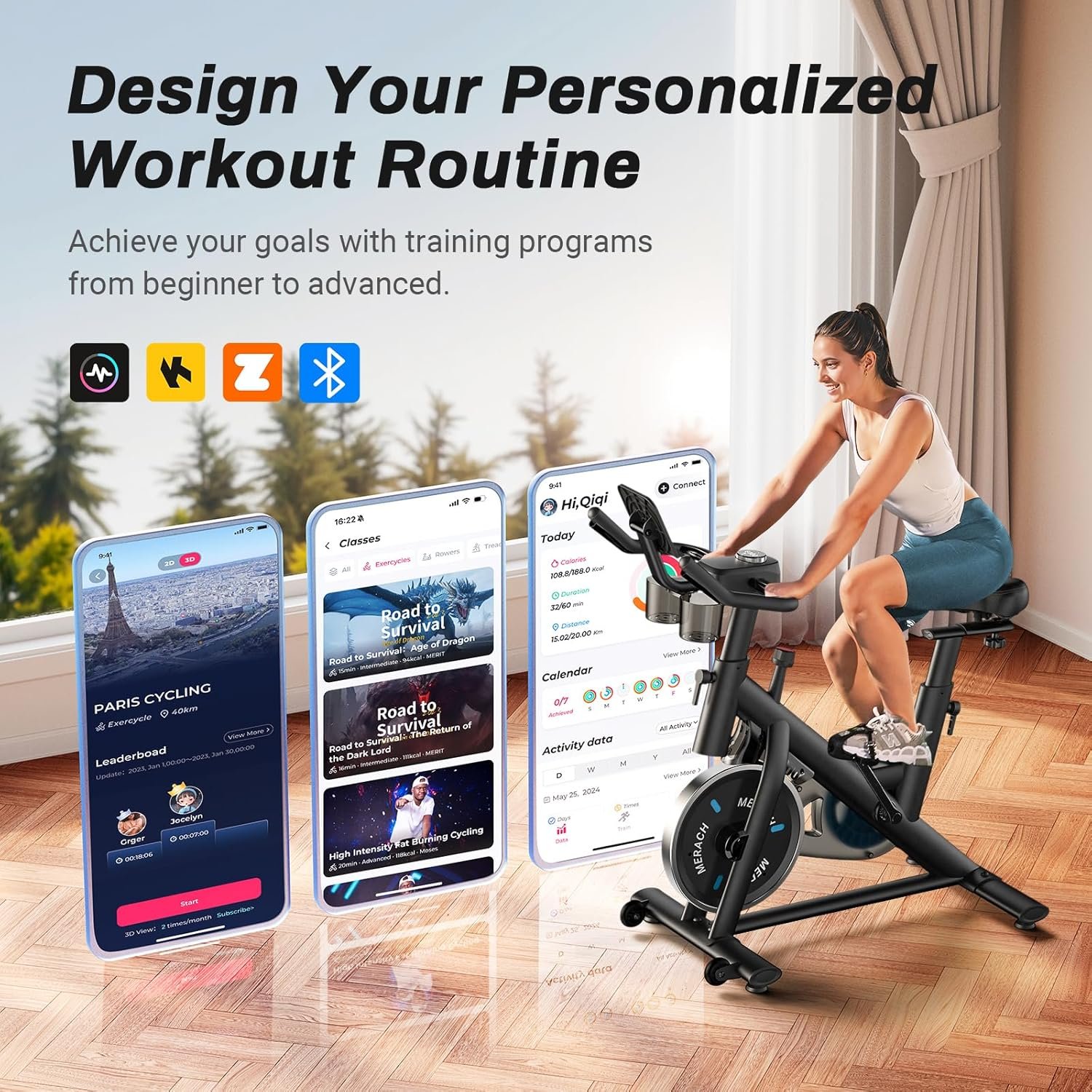 MERACH Exercise Bike, Brake Pad Stationary Bike with Exclusive App, Low Noise Indoor Cycling Bike with 300lbs Weight Capacity, Tablet Mount and Fitness Courses for Weight Loss - Image 3