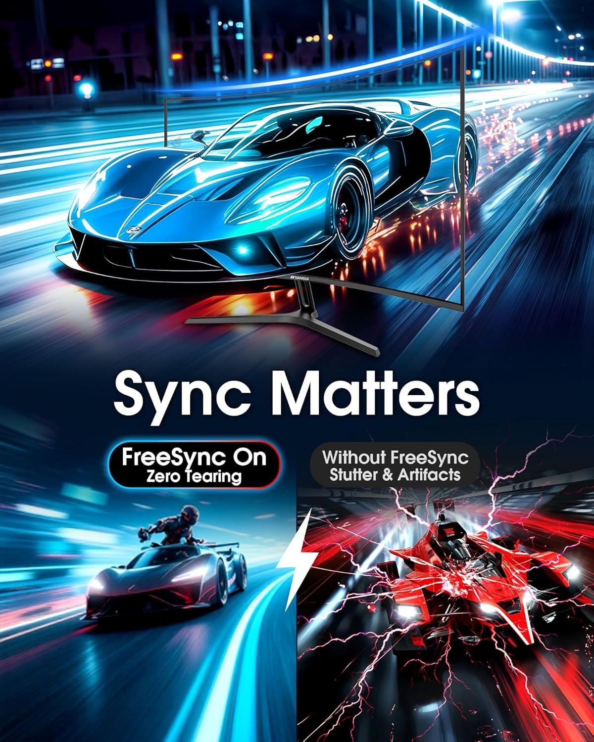 SANSUI 27 Inch Curved 240Hz Gaming Monitor FHD 1080P, 1500R Curve Computer Monitor, 130% sRGB, 4000:1 Contrast, HDR, FreeSync, MPRT 1Ms, Low Blue Light, HDMI DP Ports, Metal Stand, DP Cable Incl. - Image 8