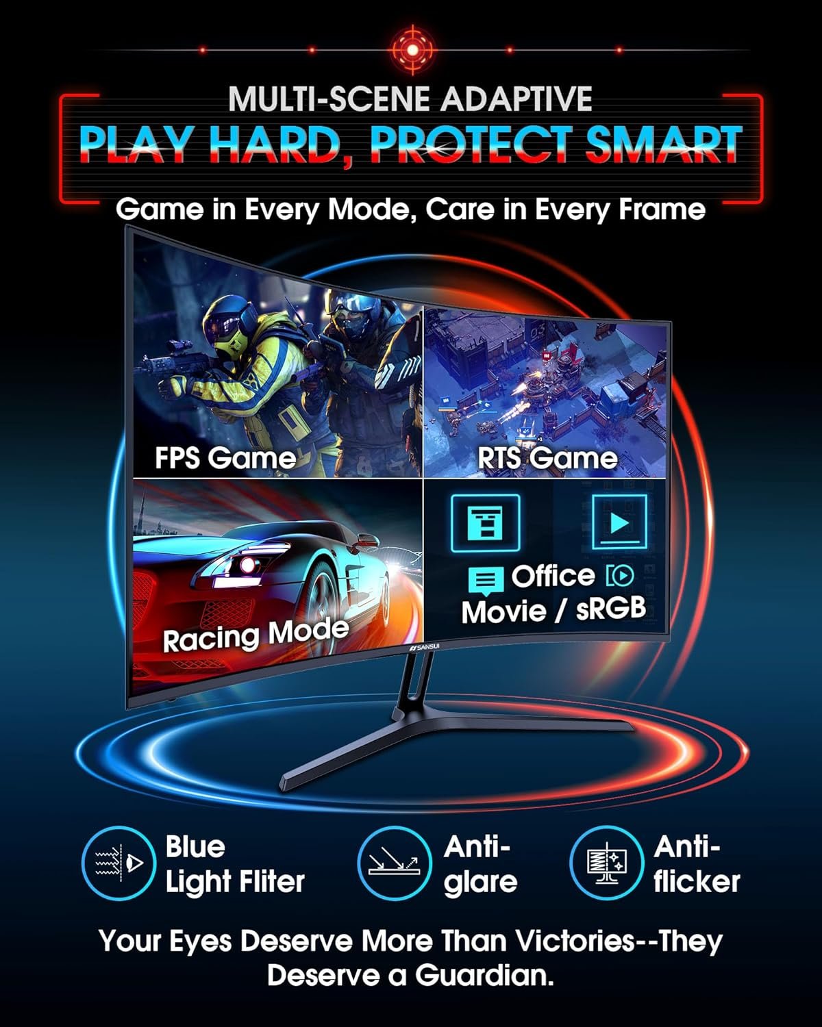 SANSUI 27 Inch Curved 240Hz Gaming Monitor FHD 1080P, 1500R Curve Computer Monitor, 130% sRGB, 4000:1 Contrast, HDR, FreeSync, MPRT 1Ms, Low Blue Light, HDMI DP Ports, Metal Stand, DP Cable Incl. - Image 9