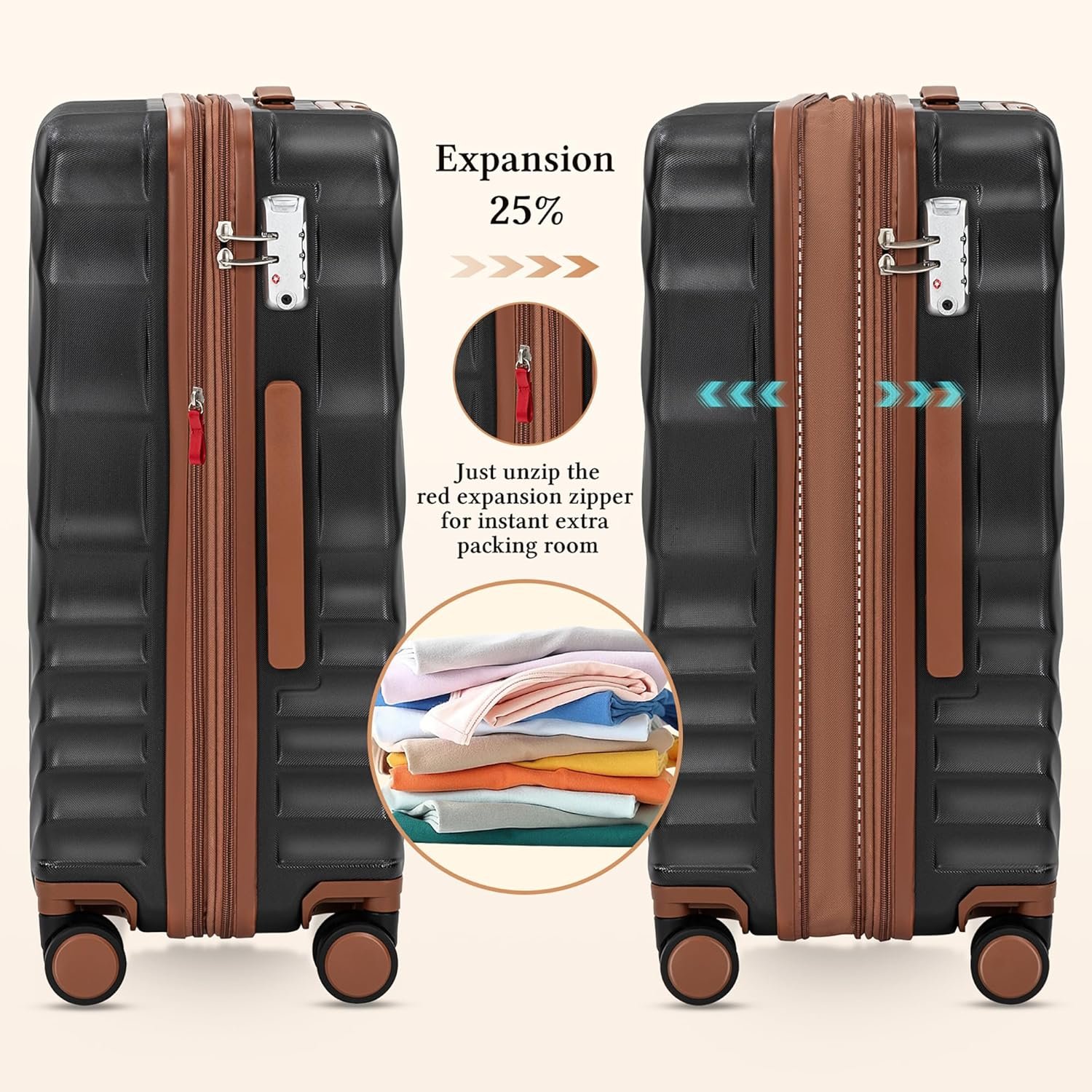 5 piece Luggage Set Expandable Suitcase 22x14x9 Airline Approved Carry on, ABS Hard Case Suitcases with Spinner Wheels, TSA Lock (Black) - Image 5