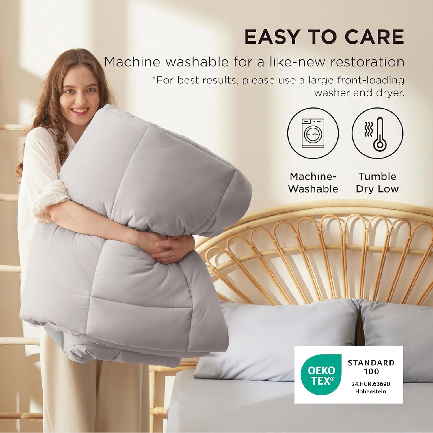 Bedsure Comforter Duvet Insert - Quilted Comforters Queen Size, All Season Duvet, GentleSoft Down Alternative Bedding, with 8 Tabs, Gifts for Women/Men, Light Grey, Queen 88 x 88 Inches - Image 6