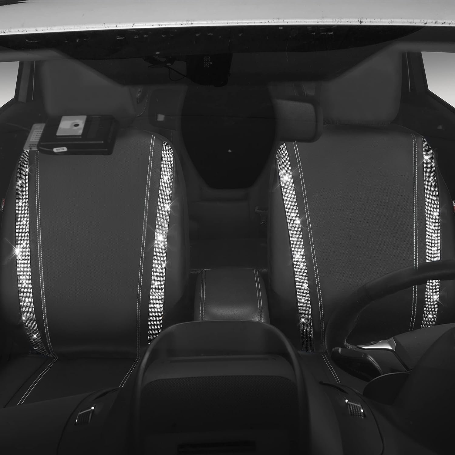 CAR PASS Leather Bling Diamond Car Seat Cover 2 Front Interior Sets, Waterproof Universal Shining Glitter Crystal Sparkle Fit for 95% Automotive Truck SUV Cute Women Girl, Black Silver Rhinestone - Image 7