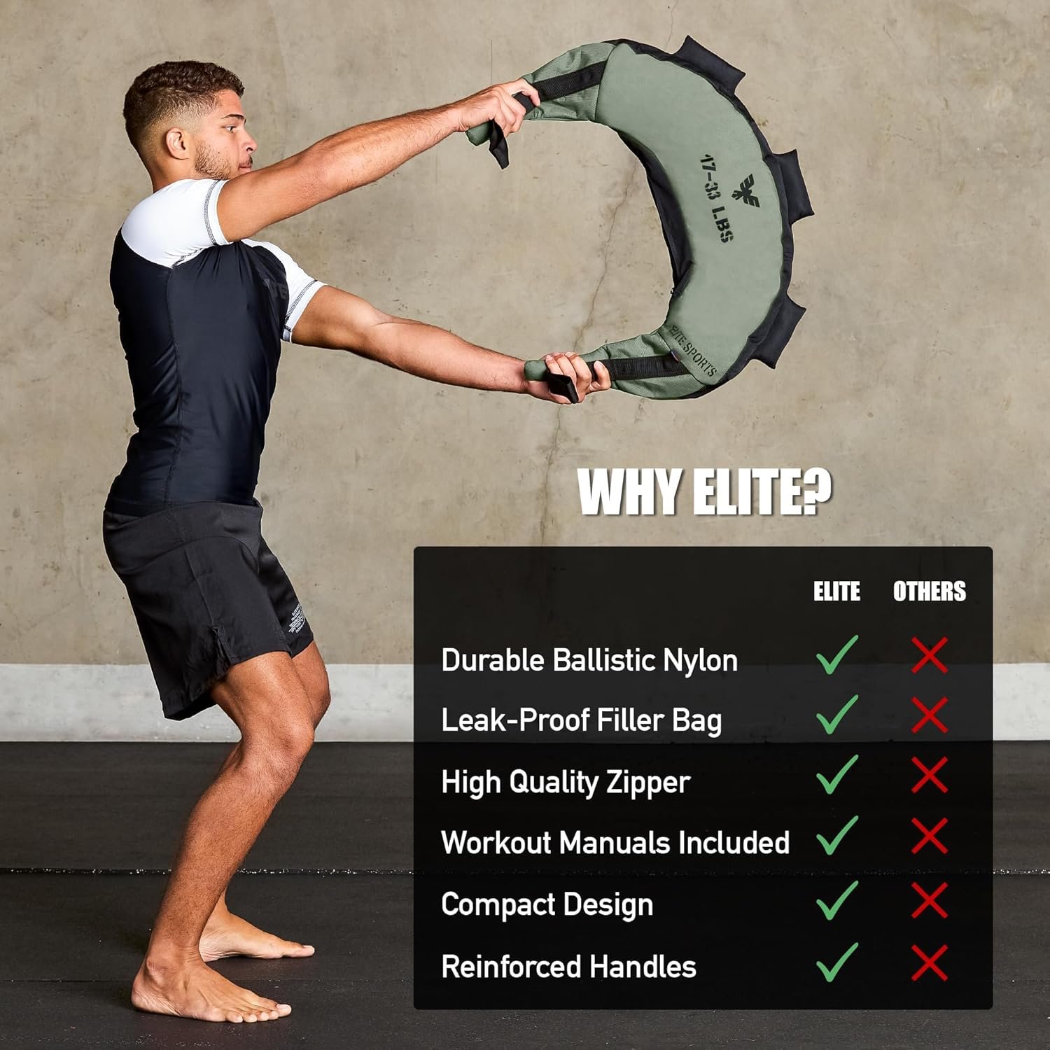 Elite Sports Bulgarian Canvas Bag, Fitness Canvas MMA Gym Cross Workout Training Sandbag 17, 25, 33, 45 lbs (UNFILLED) - Image 6