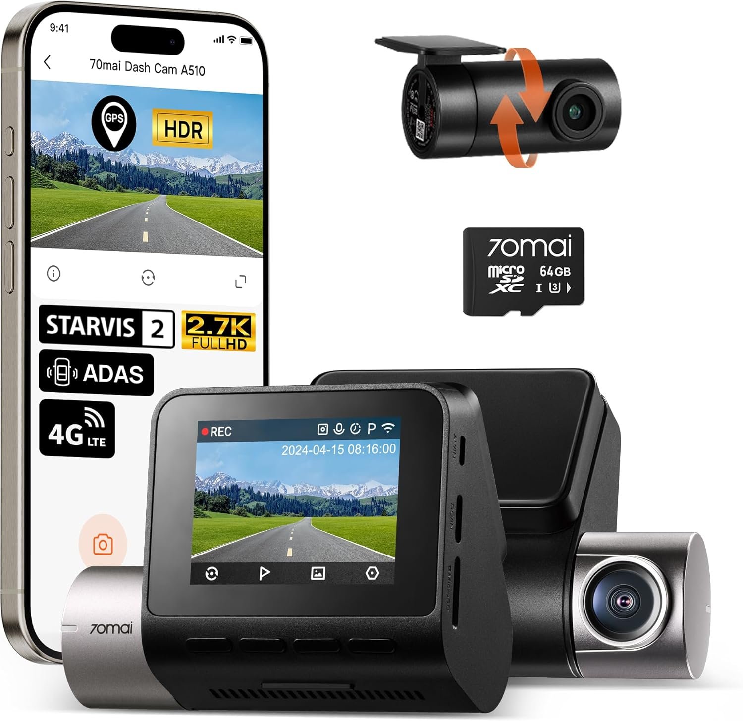 70mai Dash Cam Front and Rear A510,1944P+1080P with STARVIS 2 IMX675 and 64GB Card, Dash Camera for Cars, 4G LTE Support, ADAS, Built-in GPS WiFi, APP Control, HDR, 24H Parking Mode, Loop Recording - Image 2