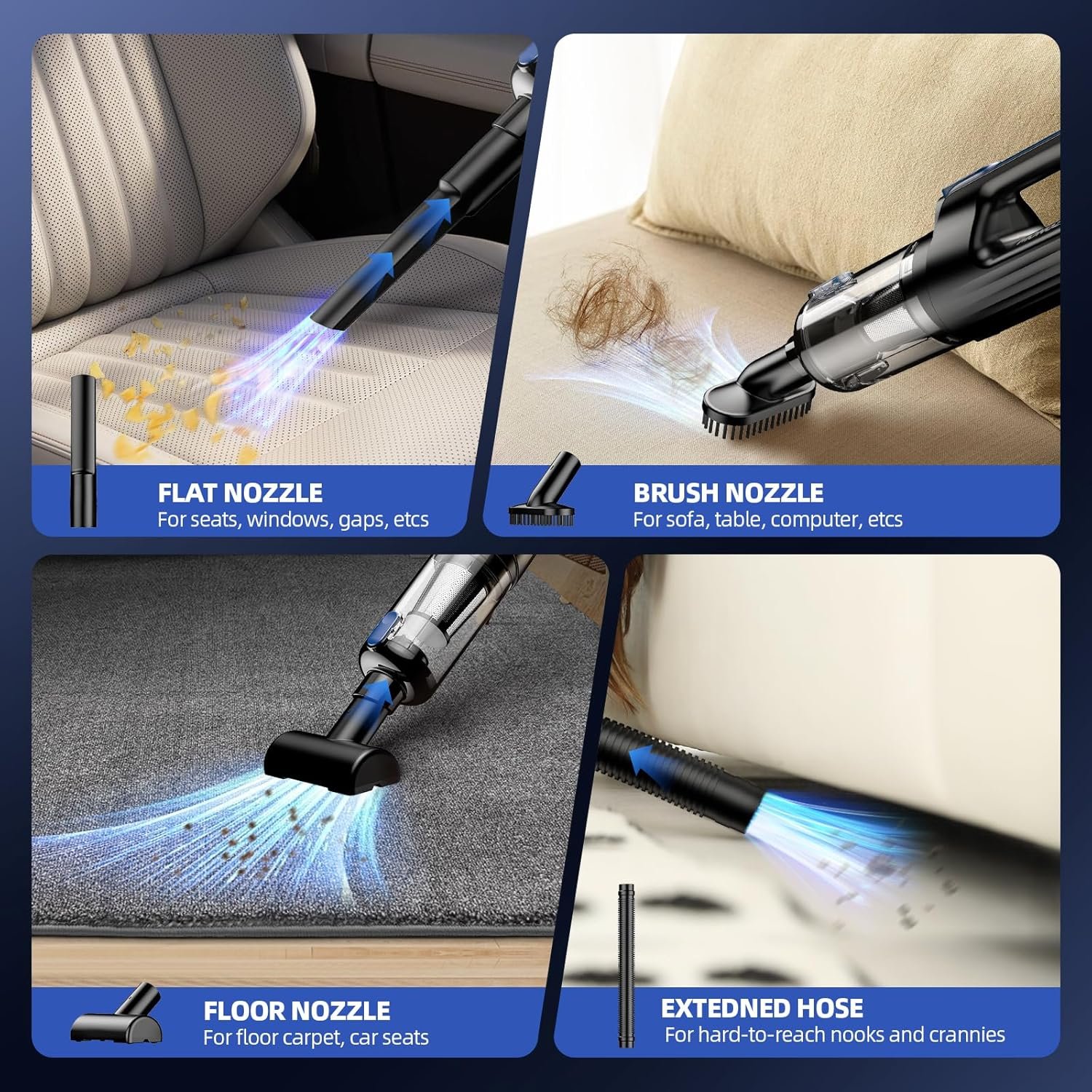 Car Vacuum Portable Cordless, 18000Pa 2 in 1 Vacuum Cleaner&Air Duster, 130W Brushless Motor Handheld Vacuum Cordless with 7800mAh Battery, LED Light, Multi-Nozzles for Car, Home, Office, Pet - Image 5