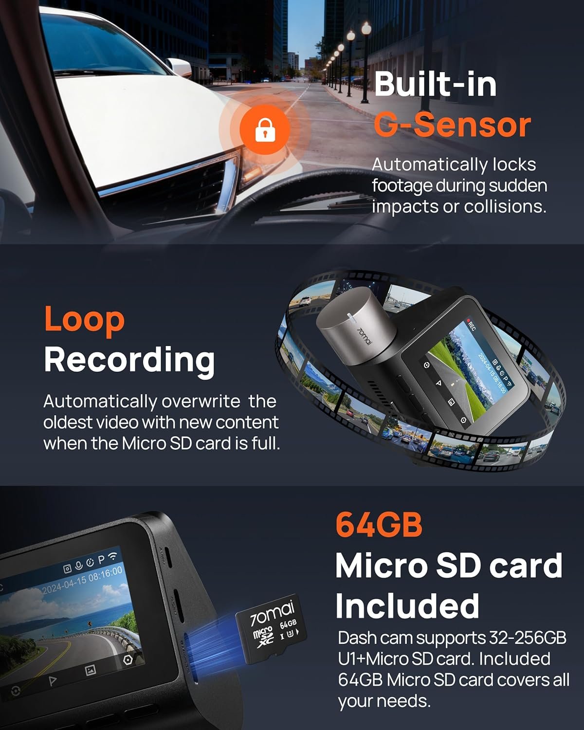 70mai Dash Cam Front and Rear A510,1944P+1080P with STARVIS 2 IMX675 and 64GB Card, Dash Camera for Cars, 4G LTE Support, ADAS, Built-in GPS WiFi, APP Control, HDR, 24H Parking Mode, Loop Recording - Image 9