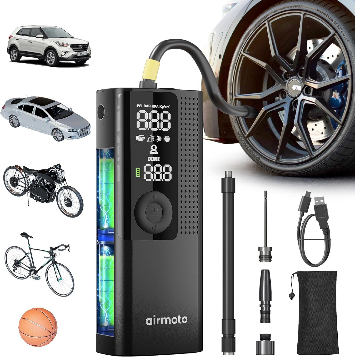 Airmoto Tire Inflator Portable Air Compressor - Air Pump for Car Tires with Digital Pressure Gauge, LED Light and Auto Shut-Off Function - Cordless Pump for Car, Motorcycle, Bicycle, Ball - Image 2