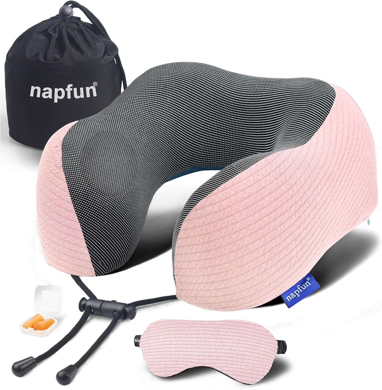 napfun Neck Pillow for Traveling, Upgraded Travel Neck Pillow for Airplane 100% Pure Memory Foam Travel Pillow for Flight Headrest Sleep, Portable Plane Accessories, Pink Striped Kit - Image 2