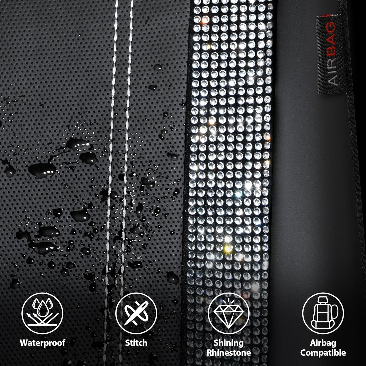 CAR PASS Leather Bling Diamond Car Seat Cover 2 Front Interior Sets, Waterproof Universal Shining Glitter Crystal Sparkle Fit for 95% Automotive Truck SUV Cute Women Girl, Black Silver Rhinestone - Image 5